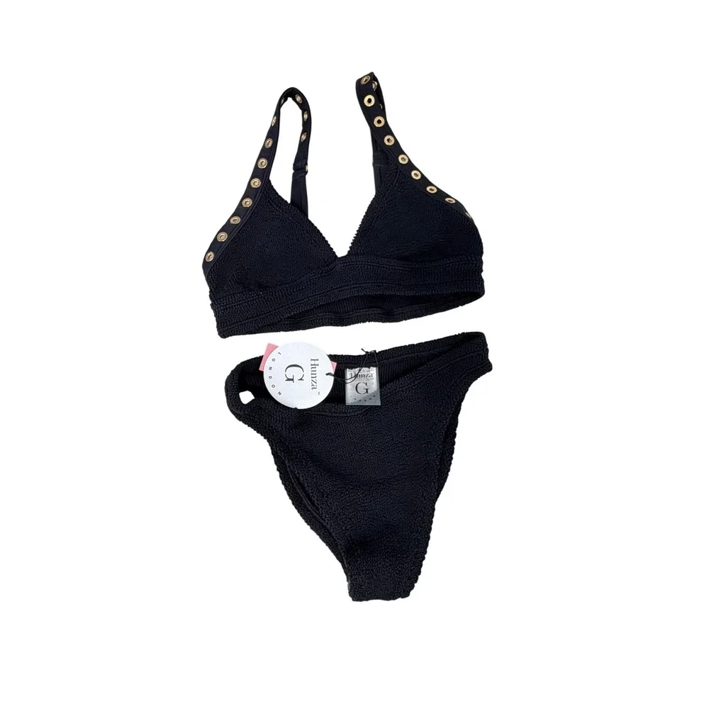 Hunza G Tessa Crinkle Bikini Set Black Gold Grommet One Size Swimsuit NWT